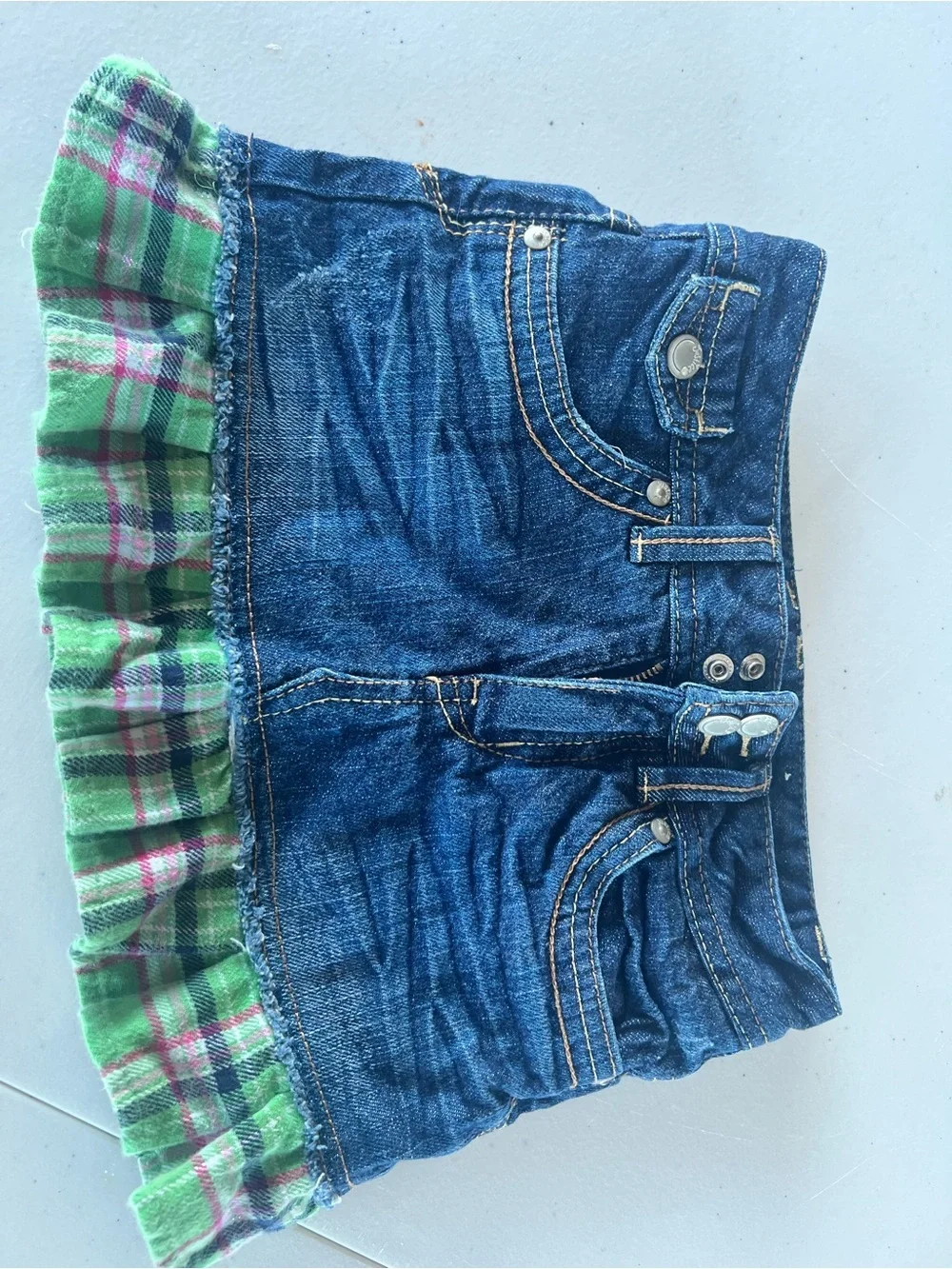 Justice Blue Denim Skirt with Green and Pink Plaid Ruffle